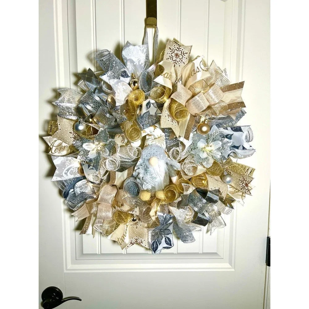 Handmade Christmas Gnome Holiday Ribbon Door Wreath 22 ins W60